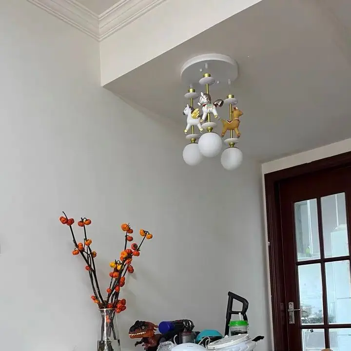 

Cartoon Carousel Hanging Lamp Boys and Girls Bedroom Nordic Simple LED Colored Animal Single Head Hanging Lamp