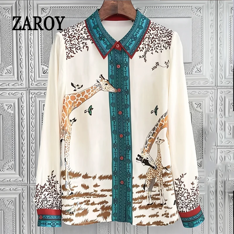 

ZAROY Giraffe Print Women Shirt Casual Top Plus Size 3XL Elegant Office Lady Blouse Spring Long Sleeve Satin Shirt Luxury Camisa