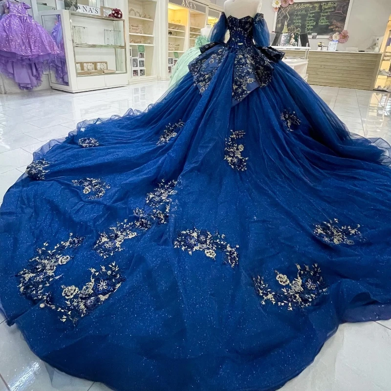 EVLAST Customized Navy Blue Quinceanera Dress Ball Gown Lace Applique Beading Detachable Sleeve Sweet 16 Vestidos 15 Anos TQD762