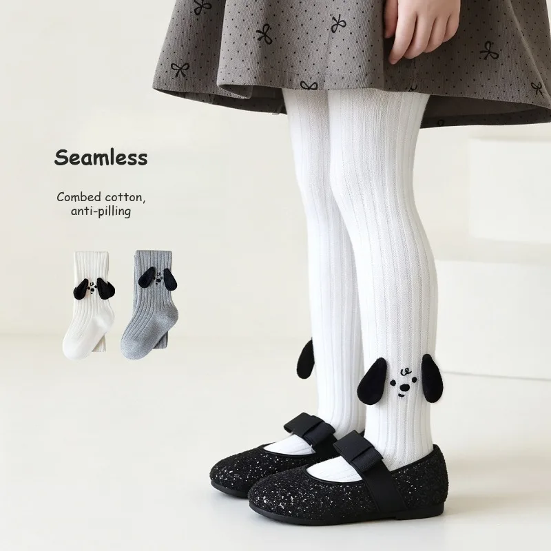Combed Cotton 10A Antibacterial Girls Tights 3D Puppy Ear Design Seamless Pantyhose, Solid Color Kids Leggings for Autumn Winter