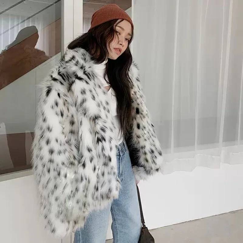 Chic Casual Design Big Size Fur Coat Women Clothing Winter Fluffy Faux Fur Jacket Streetwear Long Sleeve Cardigan Leopard Print