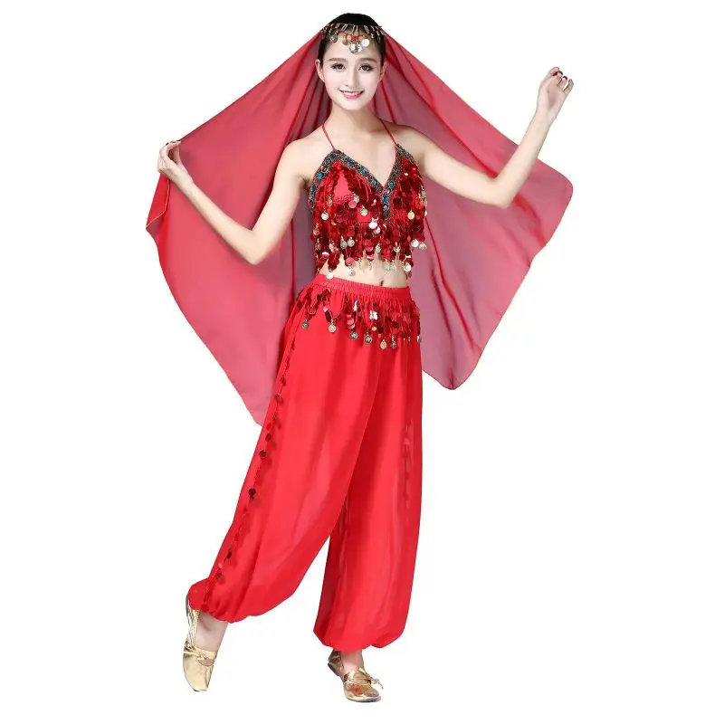 

3pcs Women Belly Dance Set Female Chiffon Bloomers Tassels Belly top with headdress Stage Performance Costume