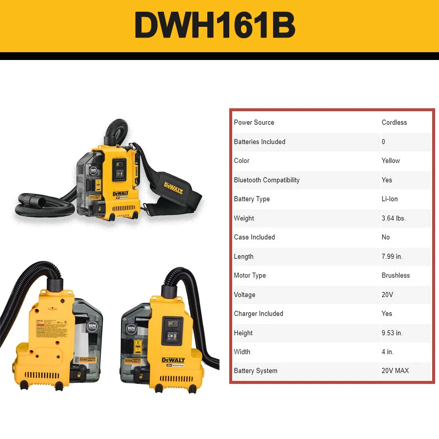 DEWALT 정품 브러시리스 먼지 추출기, 무선 범용 먼지 제거 전동 공구, DWH161B, 최대 20V