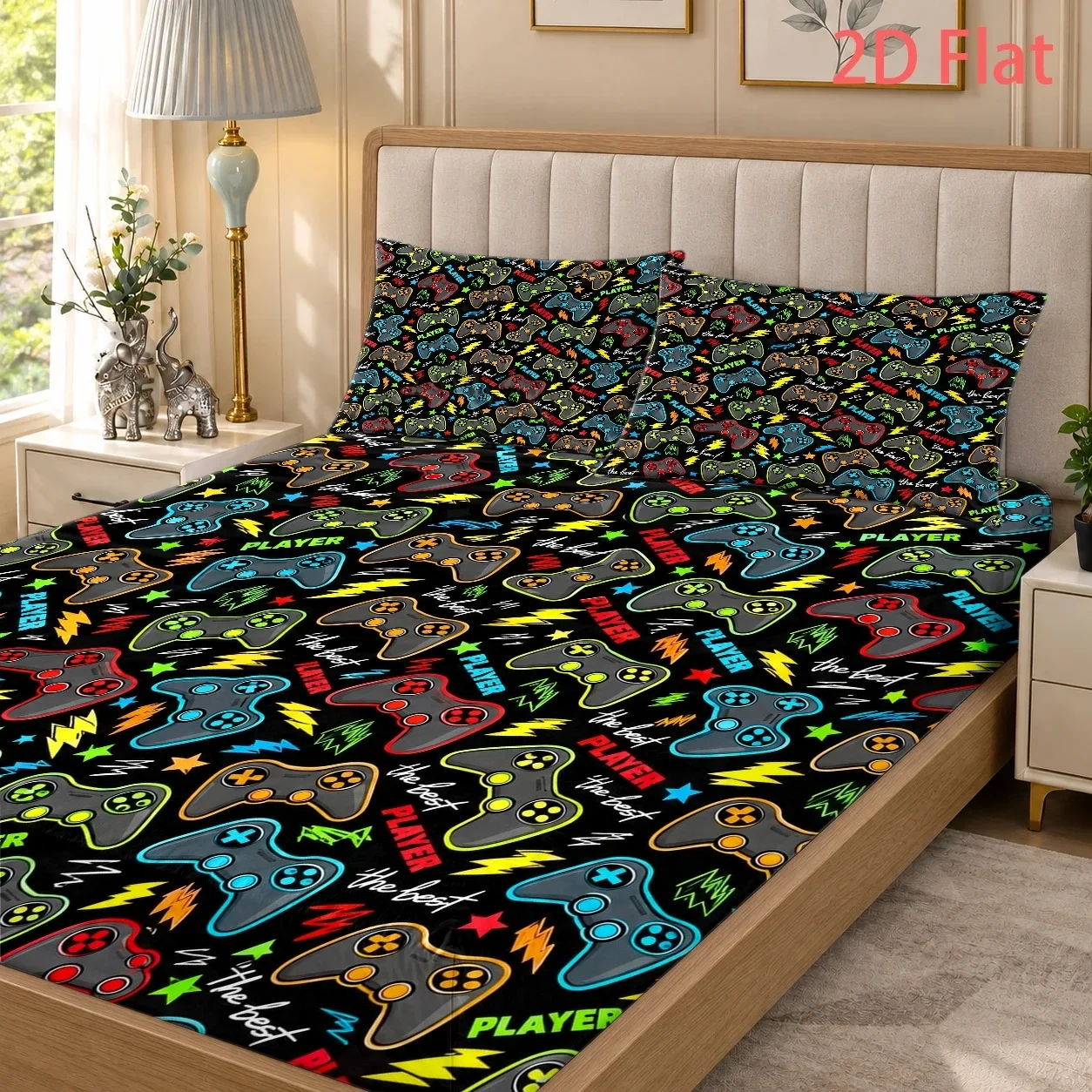 Digital Printed Fitted Sheet Set for Gaming Enthusiasts, Fitted Sheet Set with Patterns, Large Deep Pocket 2D Printed Fitted Sheet and 2 Pillowcases, Bedding Mattress Protector, Fitted Elastic Style, Protective Cover, Mattress Protector, Suitable for All Seasons, Machine Washable Design, Holiday Decoration, Various Sizes, Breathable Protective Cover with Pillowcase