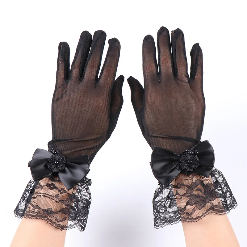 Gloves Women Short Elastic Black Lace Mesh Ruffle Bow Halloween Bridal Wedding Dress Accessory Soft Stretchy Elegant Lightweight