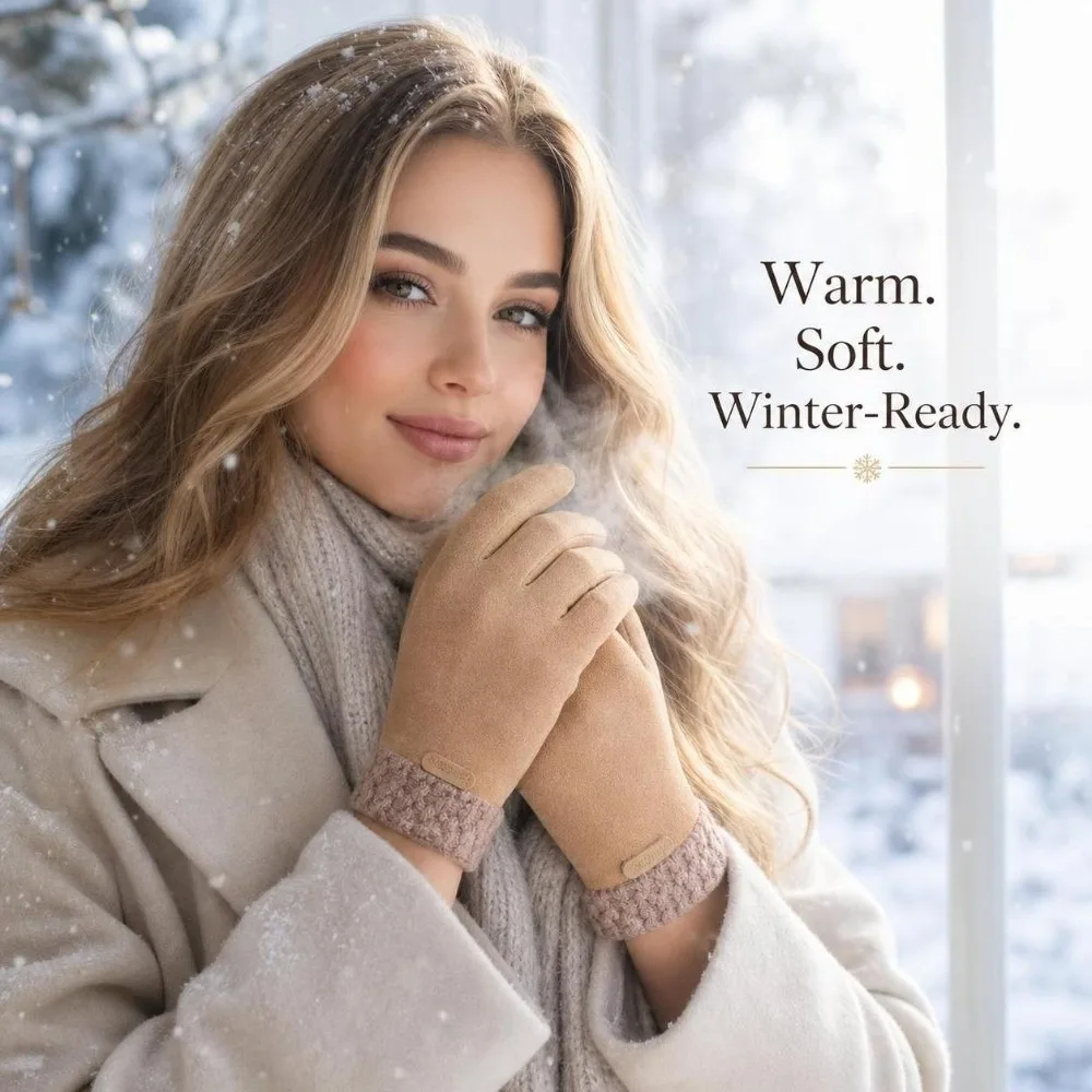 1pair Simple Full Finger Touch Screen Gloves Windproof Warm Lining Cycling Gloves Solid Color Suede Leather Driving Gloves Women