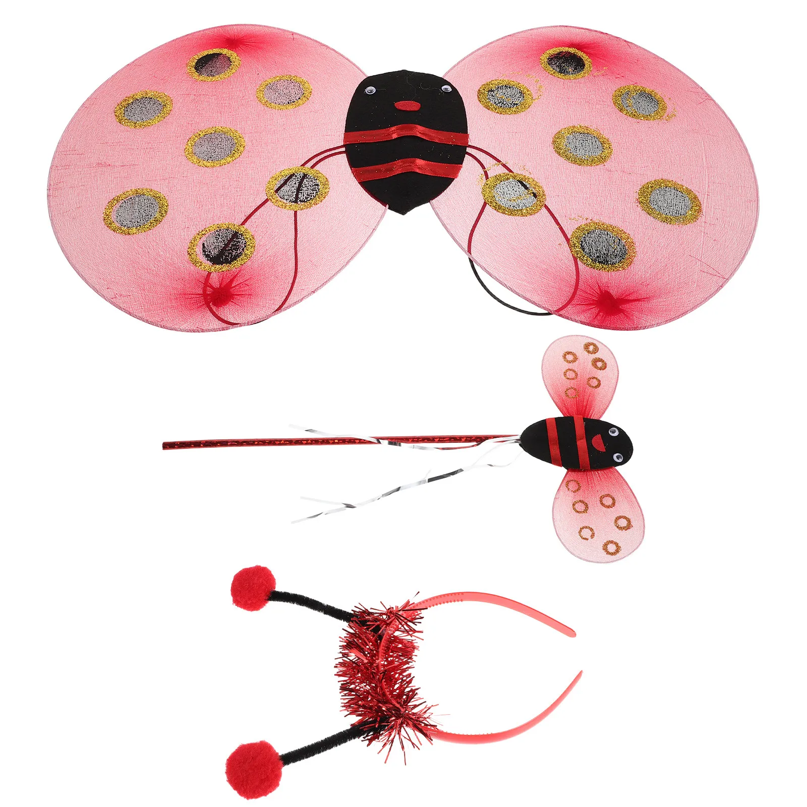 1Set Vibrant Red Ladybug Wings with Antenna Headband and Fairy Wand for Kids Halloween Costume Cosplay Performance Insect Dress