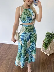 Tropical Print Spaghetti Strap Cami Tops & Maxi Skirts Set Summer Casual Women Two Piece Set