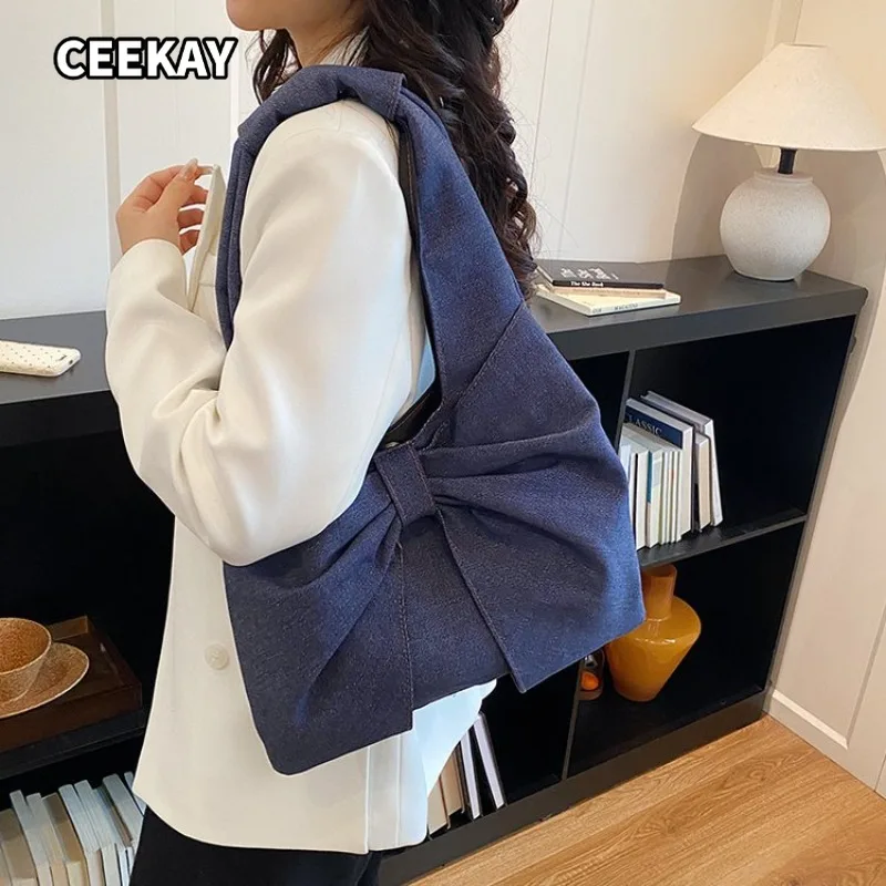 CEEKAY Washed Denim Hobo Underarm Tote Bag Large Three-dimensional Bow Decor Integrated Denim Long Shoulder Strap Magnetic Snap - view 5