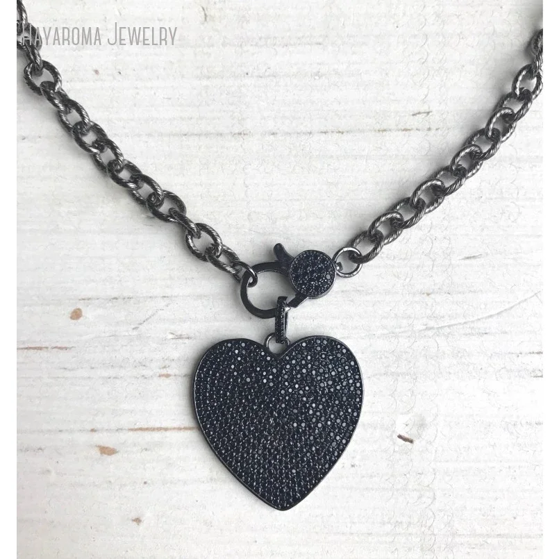 10Pcs Gunmetal Pave Black Crystal Clasp Choker Pave Black Crystal Heart Pendant Texturized Chain Stainless Steel Jewelry