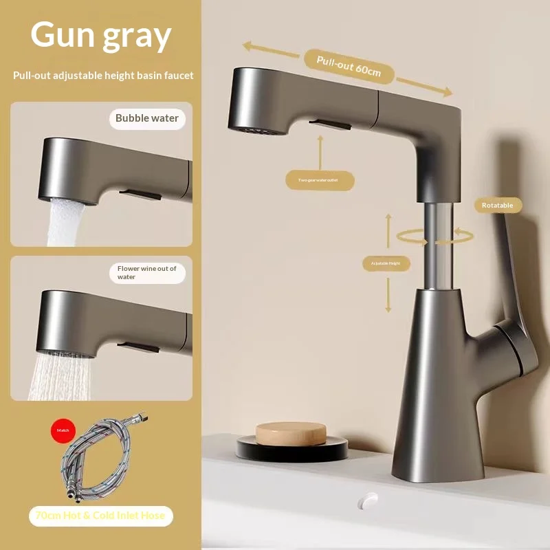 

Черный выдвижной смеситель для ванной с 2 режимами распыления, регулируемый на 360° ° Поворотный смеситель для раковины, современный подъемный смеситель для умывальника