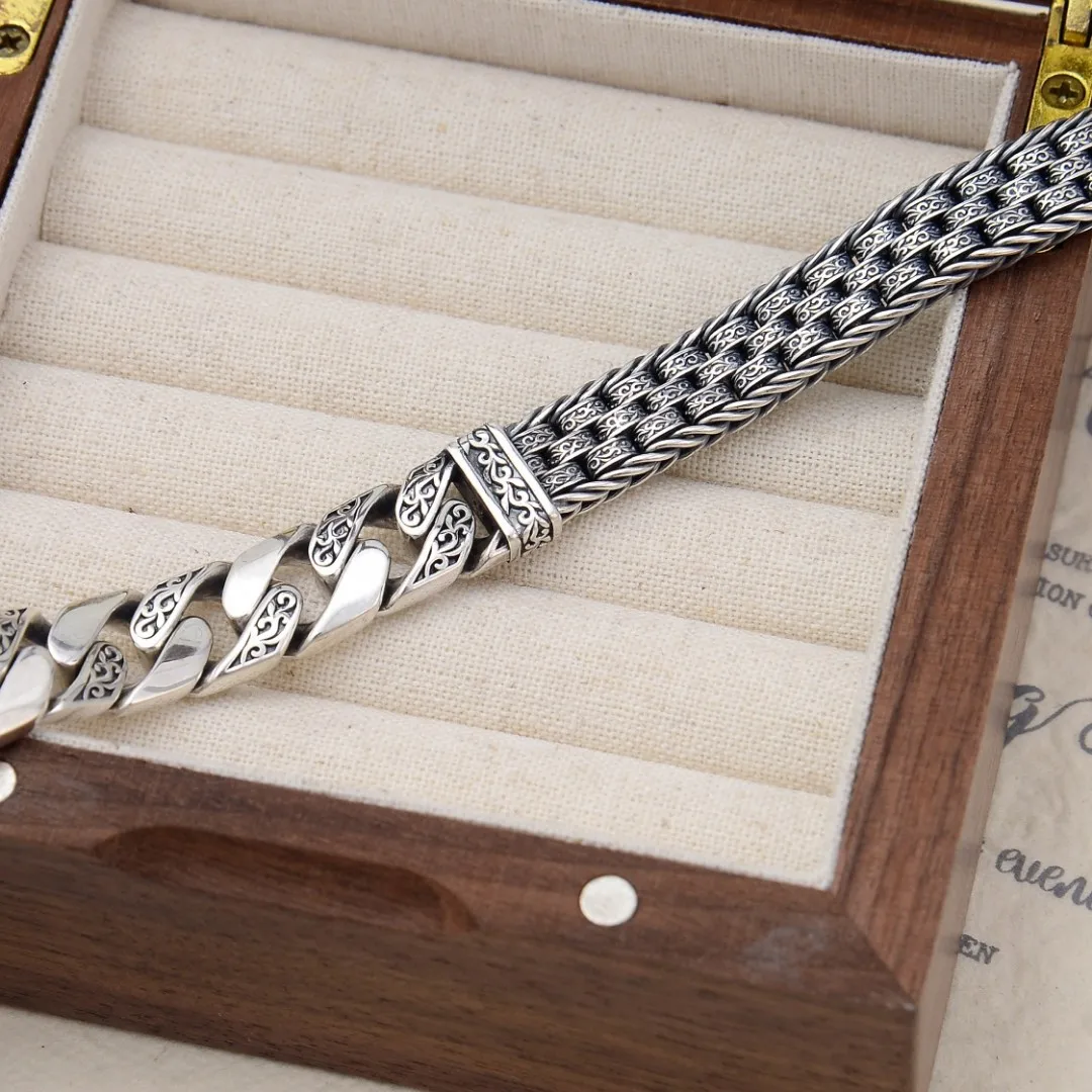 S925 Sterling Silver Tangcao Pattern Six-Character Mantra Bracelet Retro and Sophisticated Juxtaposition of Weaving Jewelry