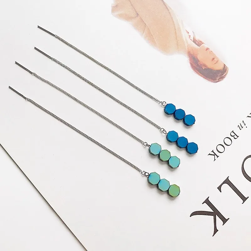 

925 Silver Ear Nail Version Of Fashion Simple Ear Line For Women Long Fashionable Earrings Hexagonal Silver Earring