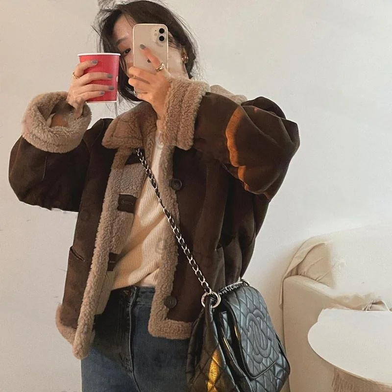 

Brown Deer Velvet Leather Splicing Lamb Fur Korean Sle Loose Woolen Coat Women's Gentle Autumn Outerwear Faionable Casual