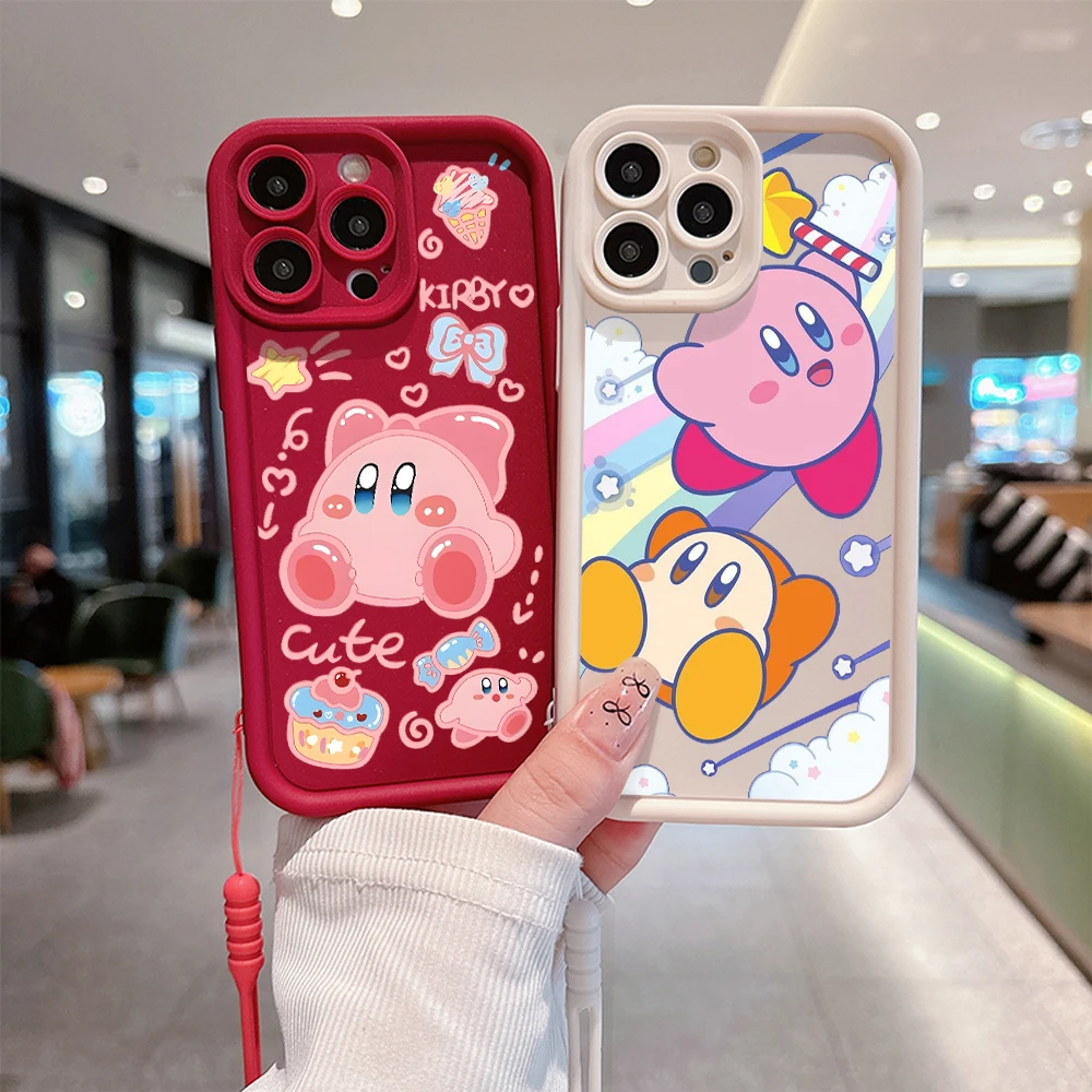 Cute Cartoon Pink Kirbys Phone Case for IPhone 15 14 13 12 11 Pro Max Mini XR XS X 7 8 Plus Soft TPU Back Cover With Hand Strap