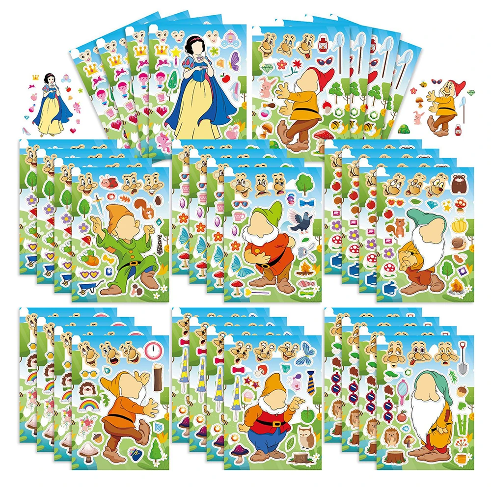 8/16Sheets Kids Make a Face Puzzle Stickers Snow White and the Seven Dwarfs DIY Assemble Jigsaw Children Education Toys Gifts