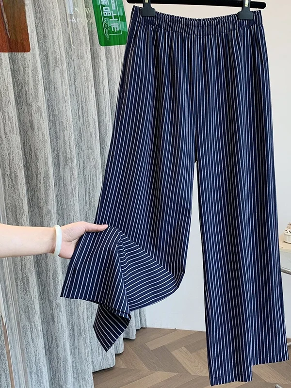 

Летние женские брюки с широкими штанинами в тонкую полоску, свободного кроя, с эластичным поясом, прямые, повседневные, с высокой талией, для ежедневной носки
