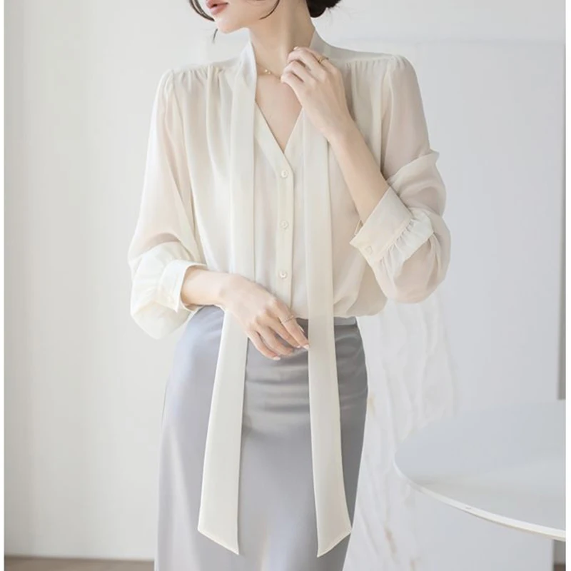 Autumn Elegant Fashion Aesthetic Commuter Chic Shirt Women Solid Color V Neck Drawstring Three Quarters Sleeve Button Casual Top