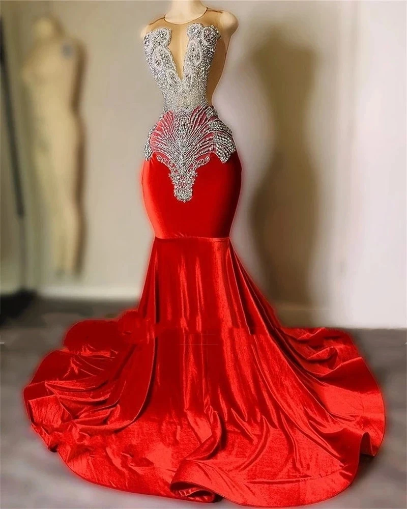 Precioso vestido de terciopelo con cuentas de cristal para mujer, traje rojo de sirena para fiesta de graduación, maxivestido Formal de noche, 2023