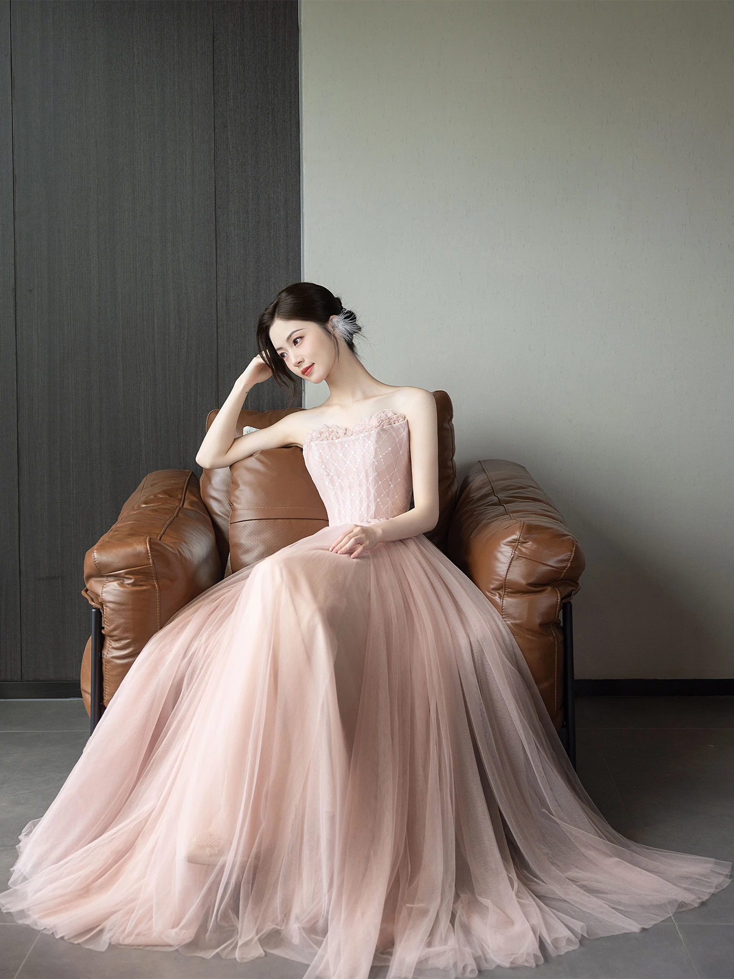 L&P DQL Studio Blush Avondjurk Sweetheart Lace-up Pleats Tule Feestjurk Galajurken Kralen op Top