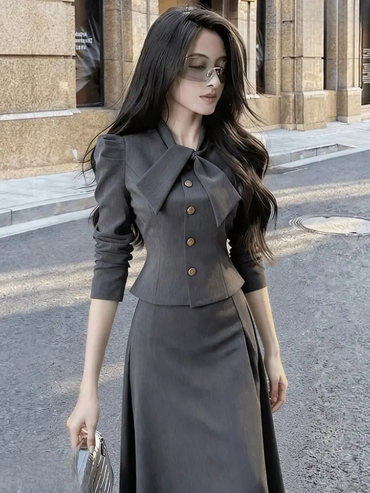New French High End Women's Suit Autumn Fashion Slim Lace Up Collar Puff Long Sleeve Shirt + A-line Midi Skirt Two Piece Set