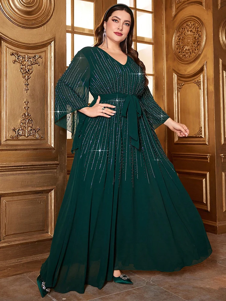 TOLEEN-Women Bead Bell Sleeve Belted Dress, Long Maxi Dresses, Luxury, Elegant, Formal, Arabian Party, Evening, Plus Size, 2024