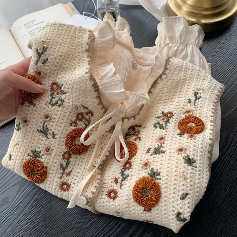 Korean Vintage Embroidery Vest Pastoral Fresh Style Knitted Crochet Flower Vest Female Hollow Out Waistcoat Top Girls Outwear