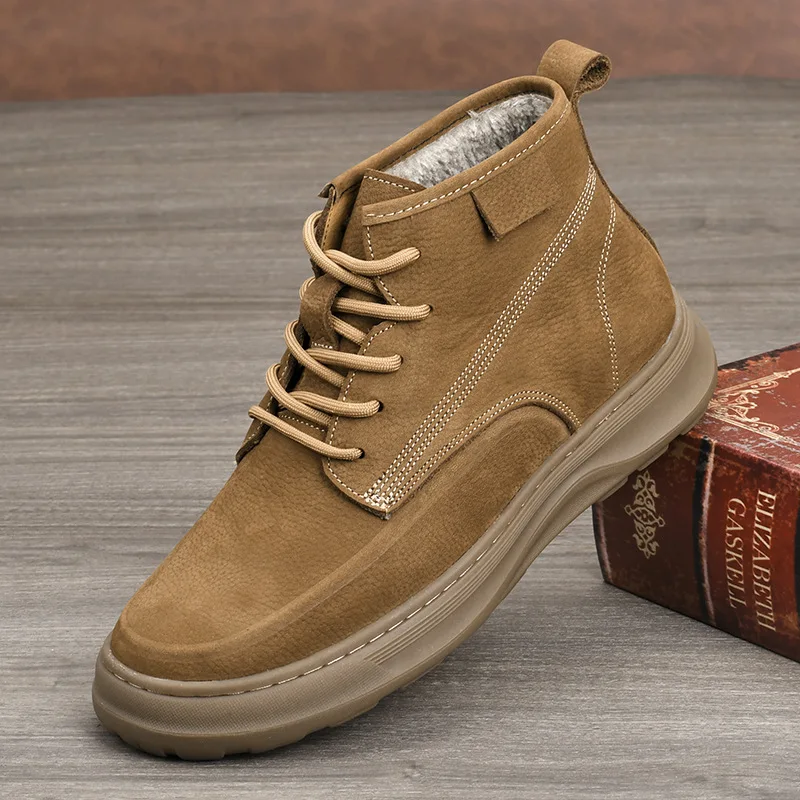 

First Layer Cowhide Platform Boots British Retro Winter Warm Cotton Shoes Short Boots Men's Genuine Leather Zhongbang Mens Shoes