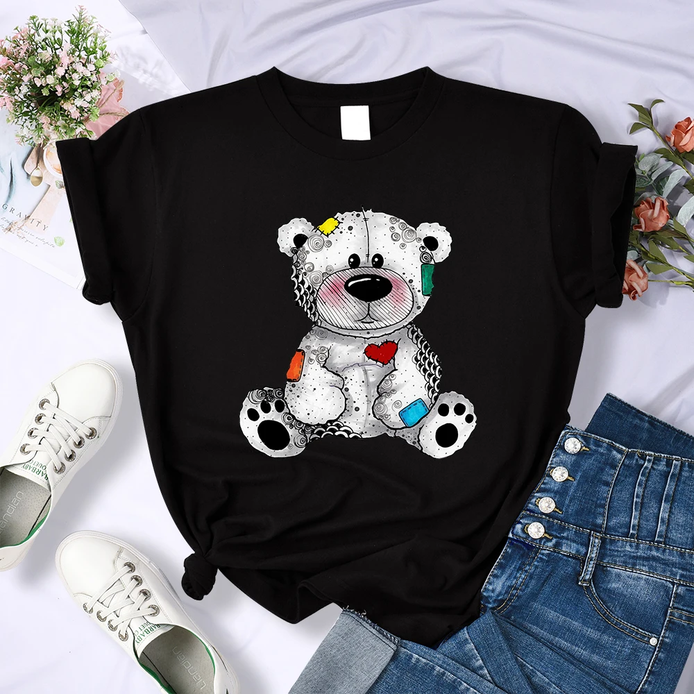 Y2K Retro Metal Teddy Bear Print Women Tshirts Casual Quality Tee Clothing Breathable Brand Tee Shirtfashion Cool Soft Crop Top