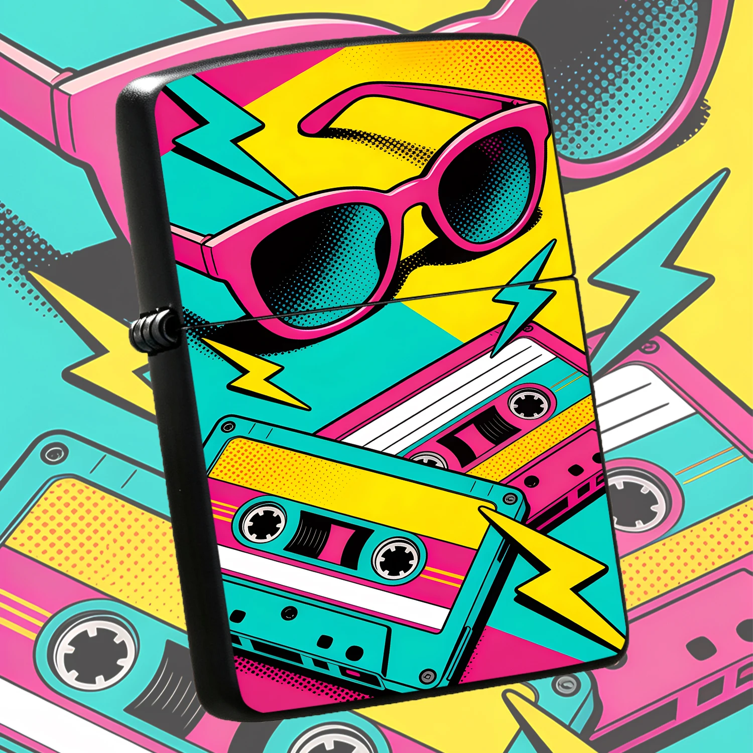 Vintage 80S 90S Pop Art Style Lighter With Bold Contrast Color Print, Featuring Cute Pink Frame Sunglasses Cassette Tape Lightning Pattern, Portable Trendy Accessory For Daily Gathering, Travel And Multiple Occasions, Stylish Exquisite Item
