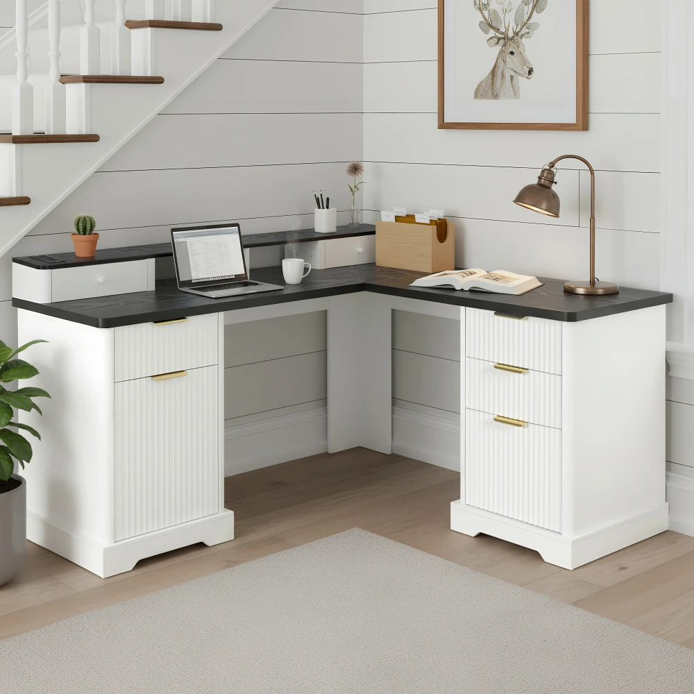 

59" Modern Fluted L-Shaped Desk with Charging Station, Storage, Monitor Stand, File Drawer & Removable Shelf - White Home Office