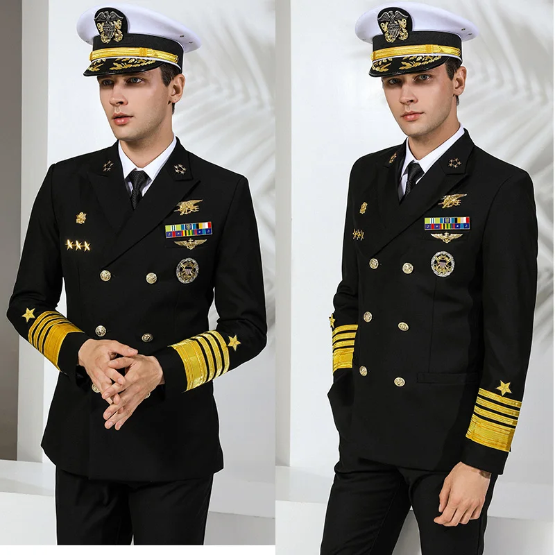 

US U.S. Navy Admiral Captain Officer Uniform Double-breasted Jacket Pants Security Property Workwear Air Hostess Costumes Pilot