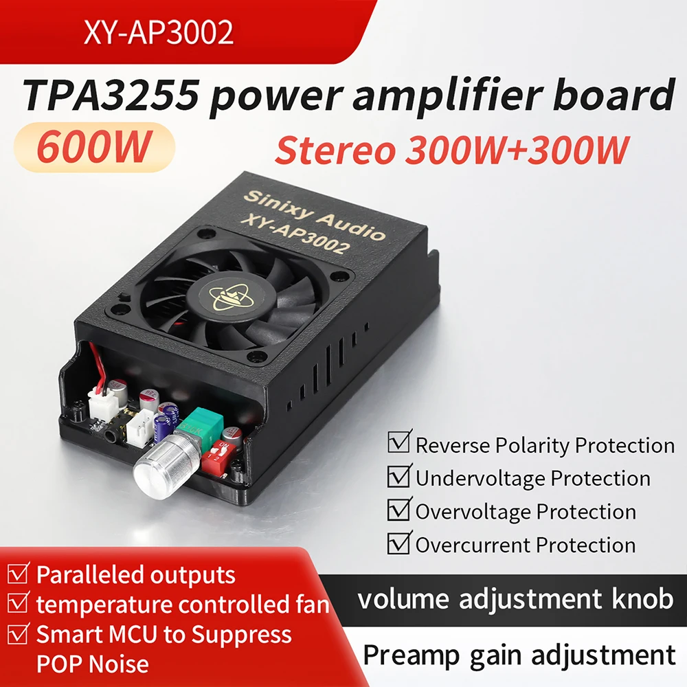 Class D Amplifier 300W+300W TPA3255 Digital Power Module 600W Bridge Mode with Fan Cooling Anti-POP for HiFi Speaker DIY