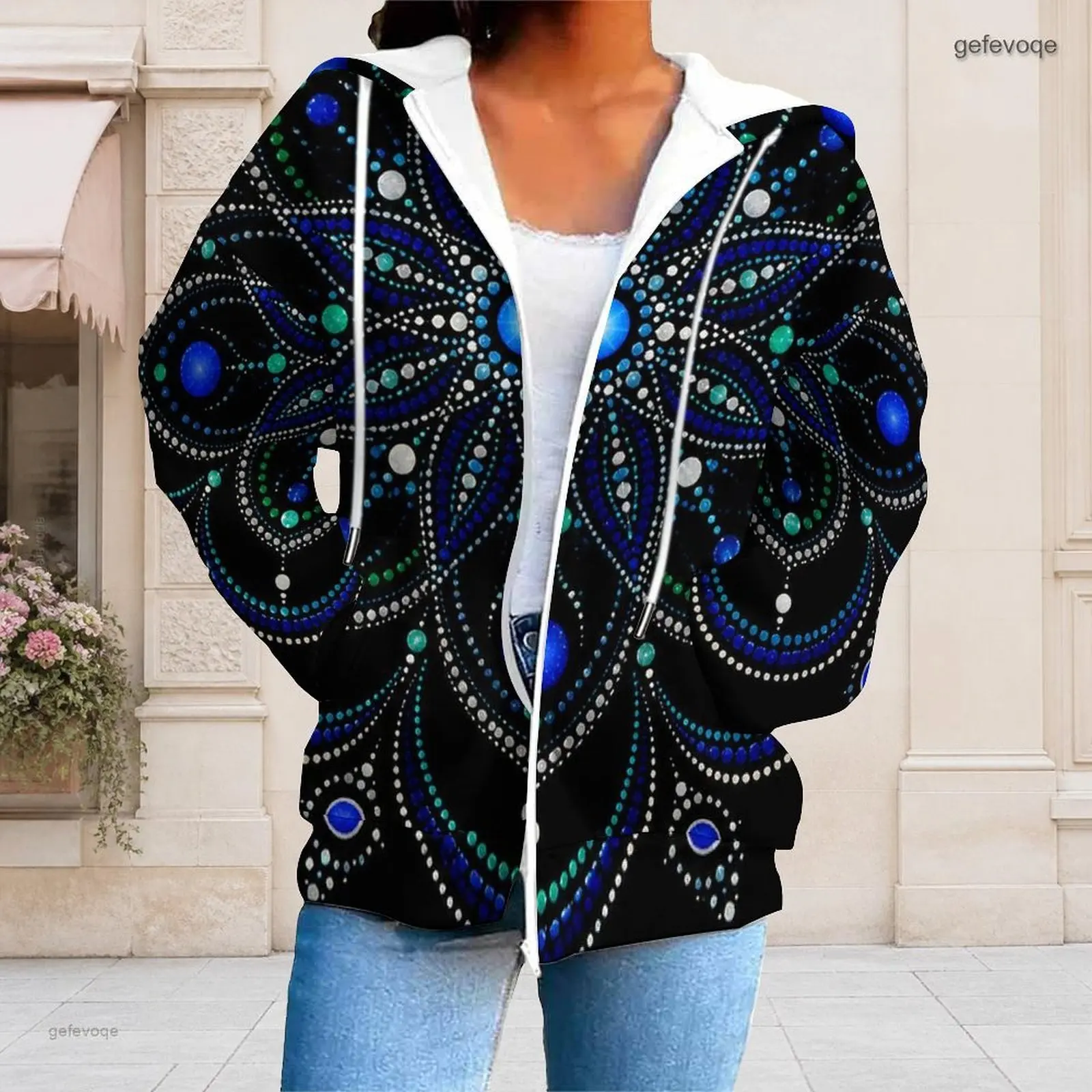 Women Printed Zip Up Long Sleeve Hoodie, Black Base with Turquoise Blue Gold Paisley Dot Pattern