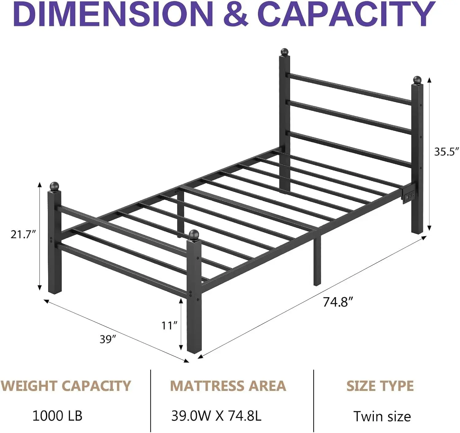 Twin Bed Frame with Headboard and ,Heavy Duty Steel Slats Support Metal Bed Frame with Charging Station, Black