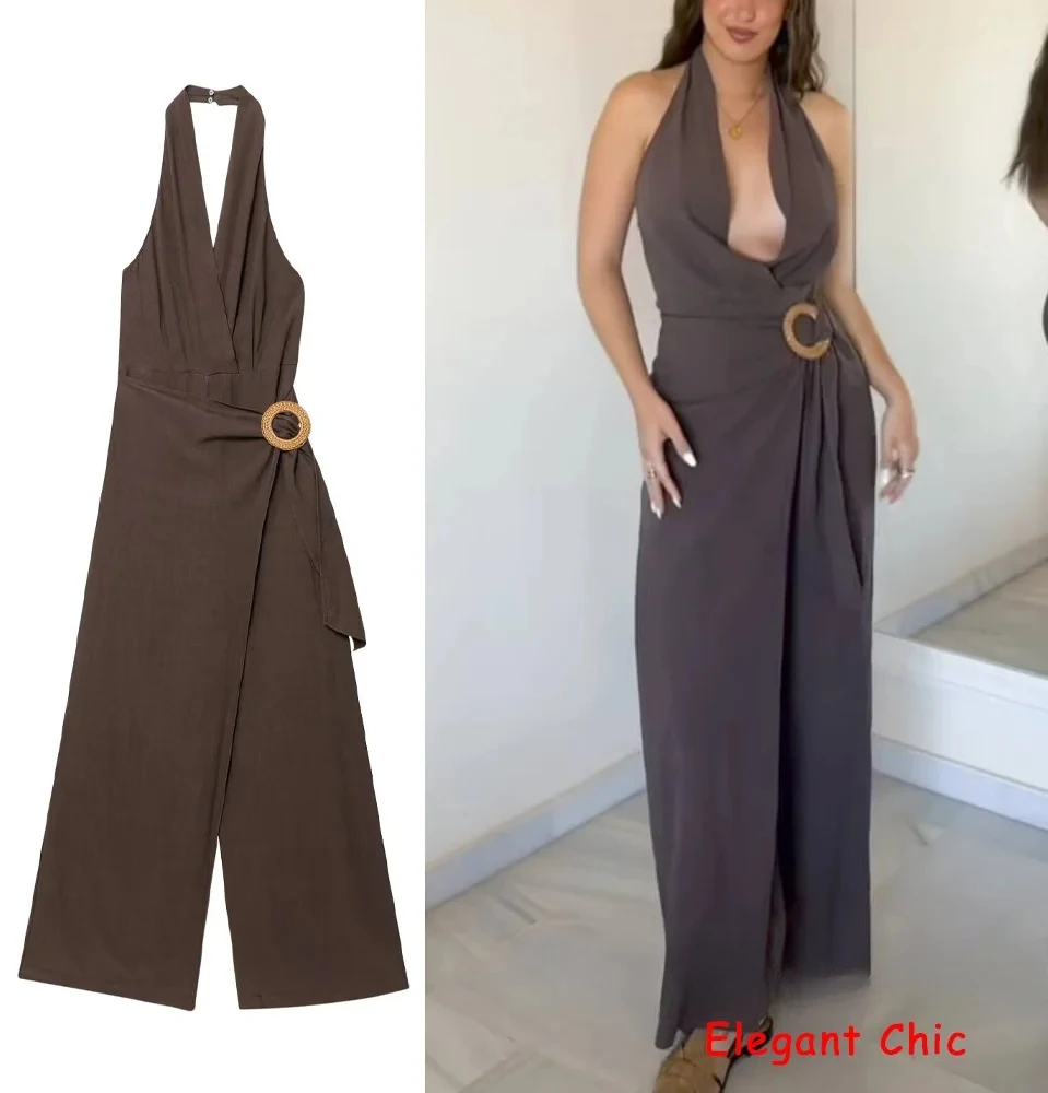 

KONDALA винтажный современный комбинезон с лямкой на шее, женский длинный комбинезон с открытой спиной и поясом, весна-лето 2024, модный праздничный комбинезон для поездок на работу