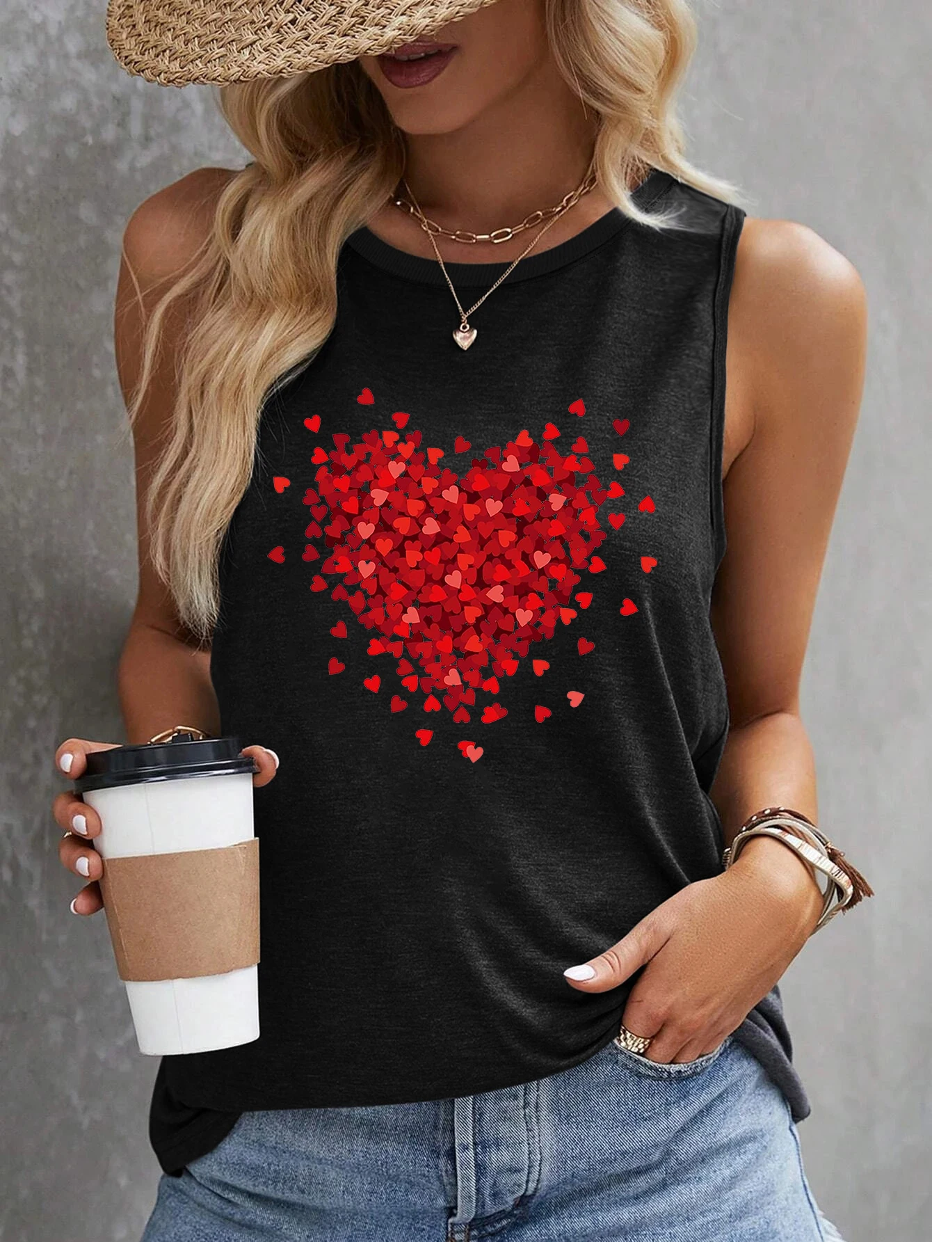 

Sweet Girl Red Hearts Tank Tops Women Fashion Causal Sleeveless White Top Women's Vest