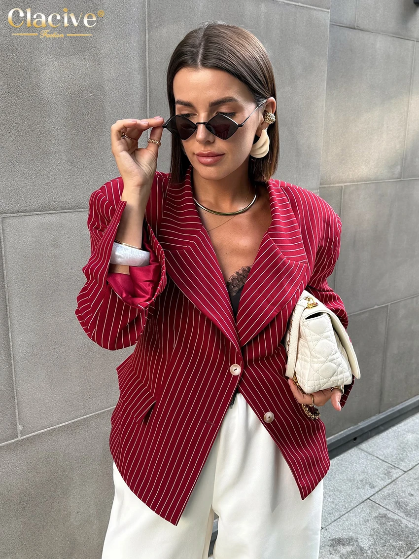 

Clacive Fashion Loose Red Stripe Women's Shirt 2025 Winter Lapel Long Sleeve Blouse Blazer Elegant Classic Top Female Clothing