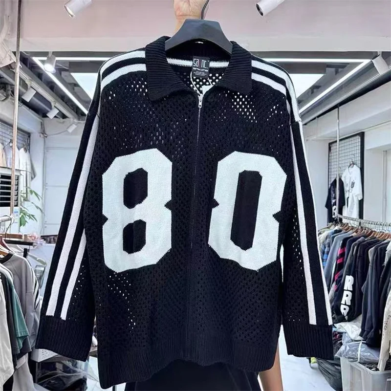 Loose Casual Men Women Mesh Knit Sweater SAINT Vintage Black Apricot Minimalist Letter Jacquard Zipper Jacket Spring Autumn