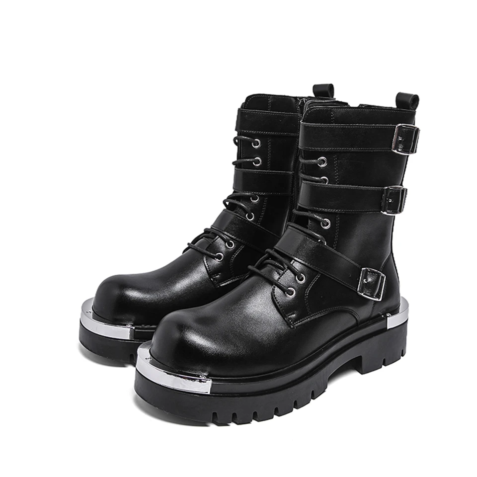

Black Women Punk Motorcycle Boots Metal Thick Heel Goth Buckle Metal Mid- Calf Combat Boots Zipper Round Toe Men Western Boots