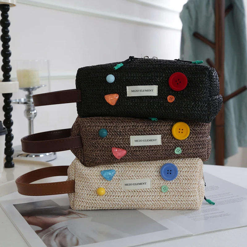 5pcs Cosmetic Bags Polyester Large Capacity Weave Button Long Travel Light Protable Makeup Bag With Wrist