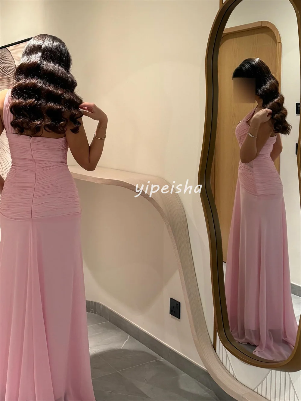 Maßgeschneiderte Retro Pastrol Chiffon Falten drapierte Strass Meerjungfrau One-Shoulder lange Kleider maßgeschneiderte Anlasskleider elegant sexy – Detail 4