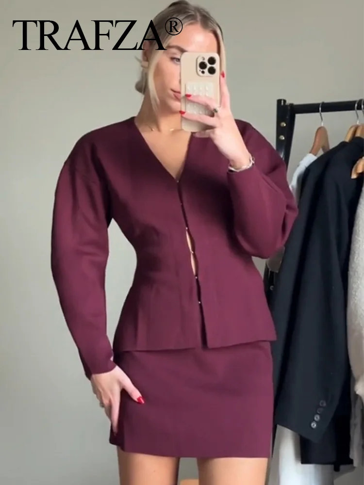 TRAFZA Damski Elegancki Dzianinowy Zestaw Moda V-neck Slim Cardigan Jesienny Długi Rękaw Płaszcz Biurowy Lady Wysoka Talia Ołówkowe Mini Spódniczki