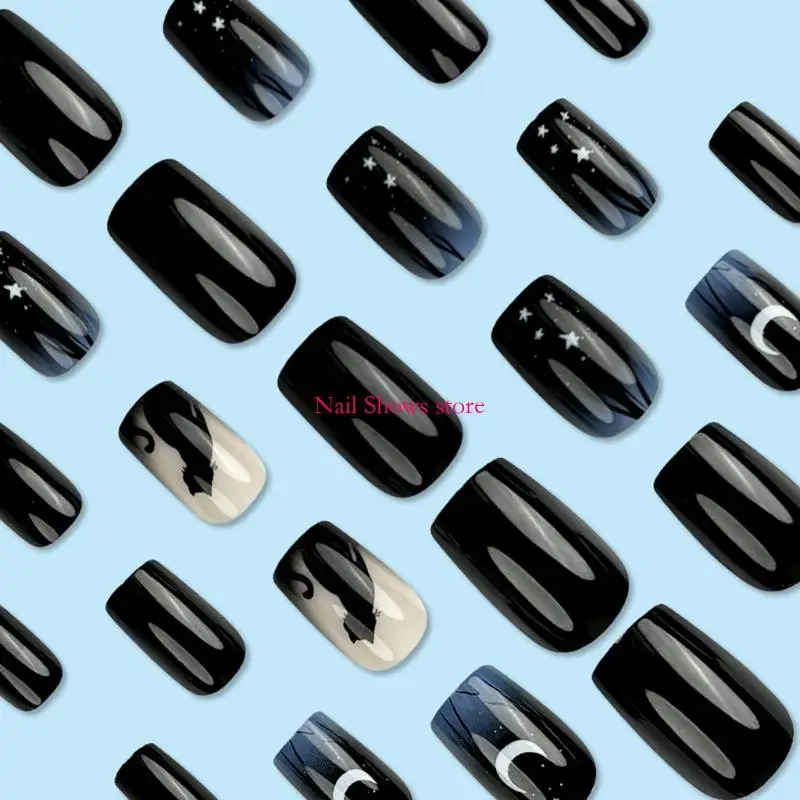 E0BC 24 PCS Moon และ Stars False Black Cats กดบน Gradient Acrylic Cover Cover Full on