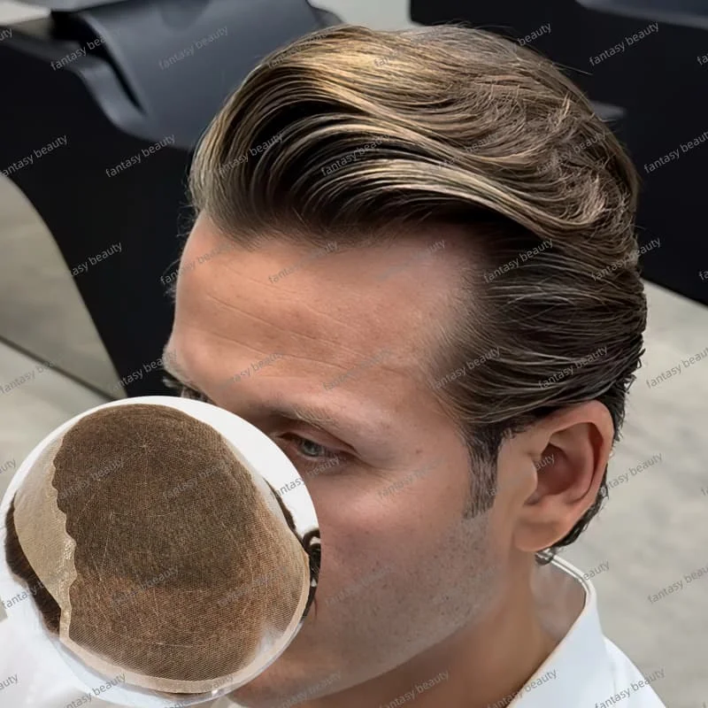 

Natural Hairline Q6 hair toupee for man soft Swiss lace & pu around men toupee 100%Indian Human Hair Breathable #4#6#7 brown wig