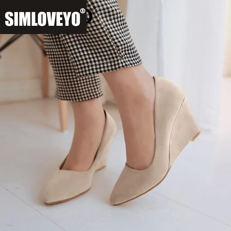 

SIMLOVEYO Brand New Women Pumps Pointed Toe Wedges High Heel 9cm Slip On Flock Suede Large Size 41 42 43 Office Lady Soft Shoes