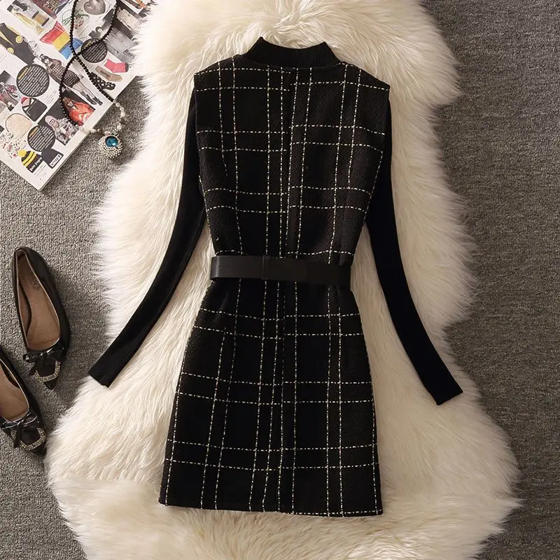 Vintage Mid-Length Plaid Tweed Vest Women Single Breasted Sleeveless Jacket And Knit Sweater 2 Piece Set Female Waistcoat Suit