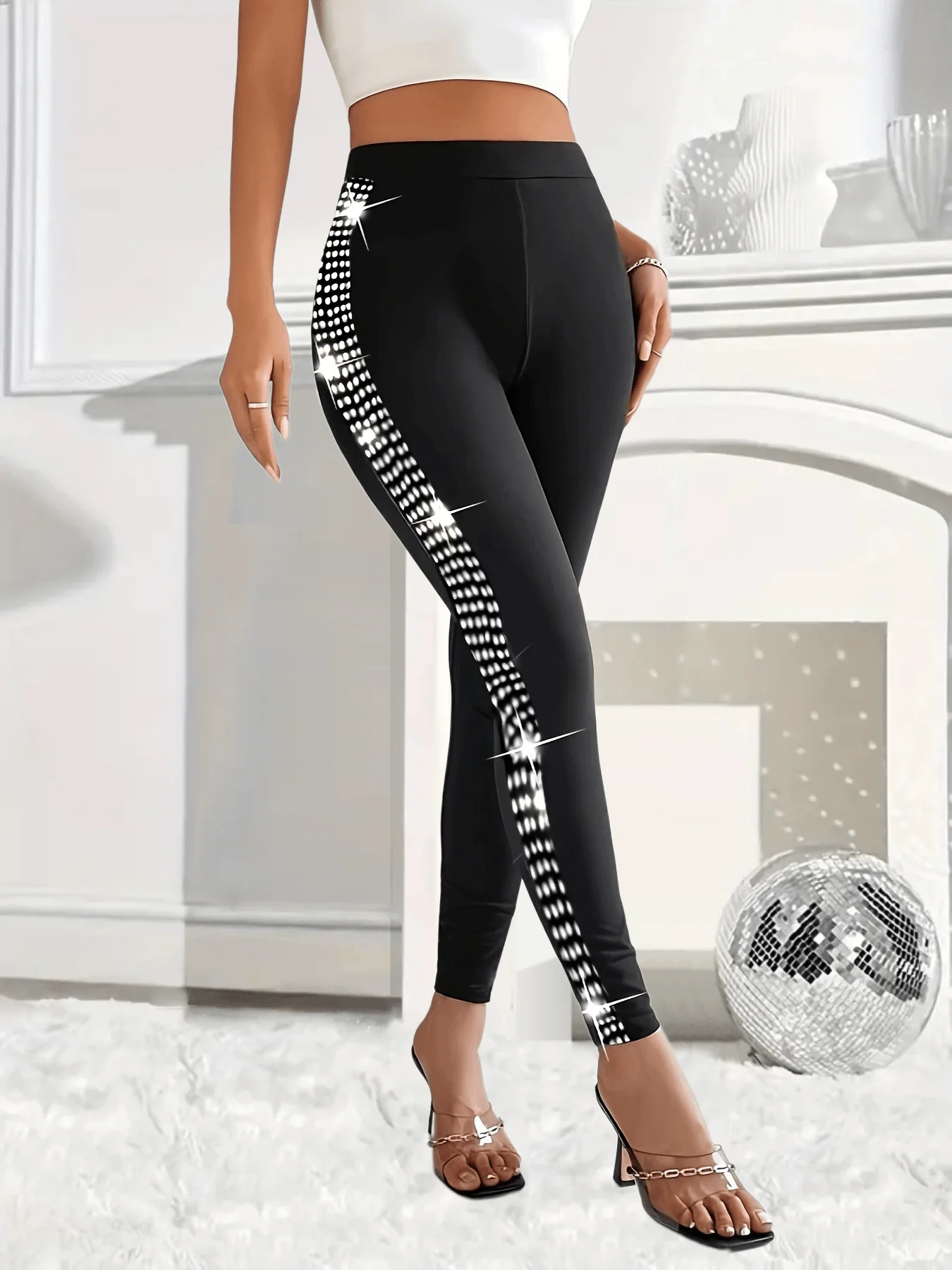 Plus Size Women\'s Elegant Solid Color Yoga Tight Leggings Sequin Tight Pants Slim-fit Leggings for Women