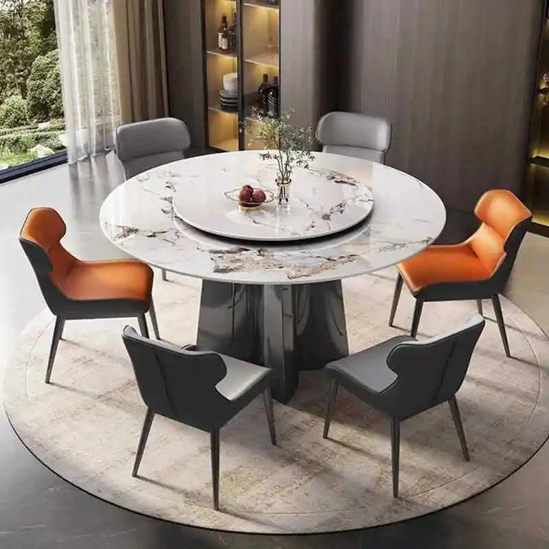 ！@Italian Large Rock Slab Modern Dining Table Chair Combination Home Use High-End Designer Hotel Revolving Dining Table