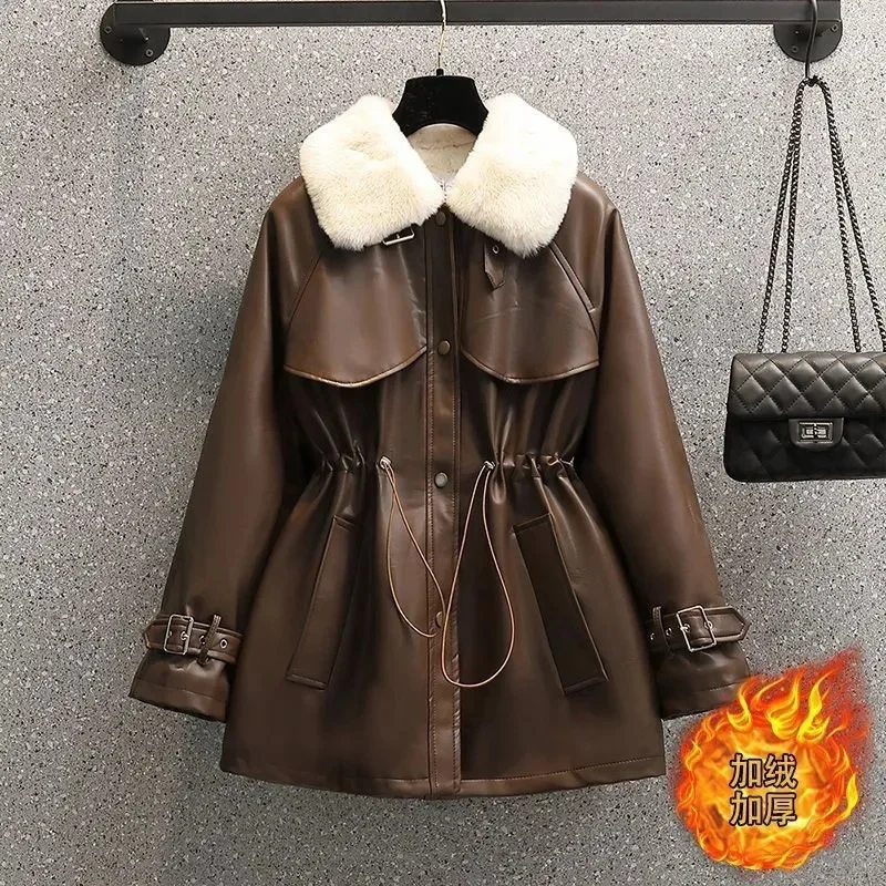 PU Leather Coat Women New Lambswool Jacket Autumn Winter 2024 Thick Fur Long Outerwear High-End Fashion Female Overcoat Tops